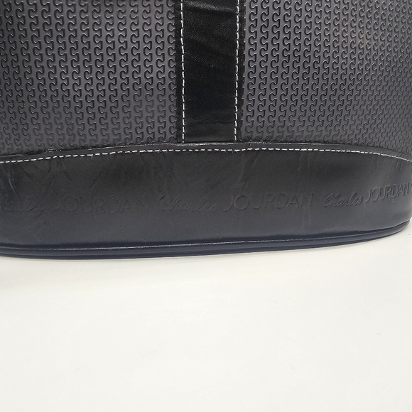 CHARLES JOURDAN Vintage Coated Canvas Black Leather Drawstring Bucket Bag - Picture 5 of 15